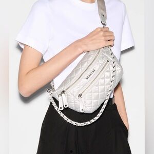 MZ Wallace Quilted Metallic Silver Crossbody Belt Bag- NEW